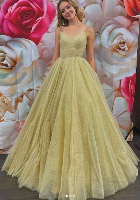 Simple v neck tulle long prom dress champagne evening dress   cg17659