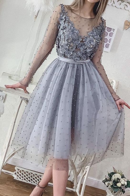 Short Silver Grey Pearls Homecoming Dresses Long Sleeve Lace Appliqued Beads Mini Cocktail Party Dresses Cheap Formal Gowns  cg1766