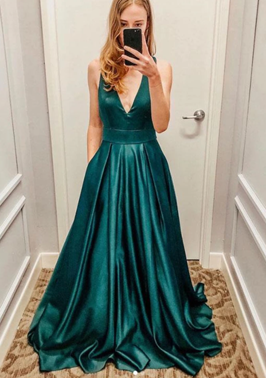 A Line V Neck Green Satin Long Prom Dress, V Neck Green Formal Graduation Evening Dress   cg17669