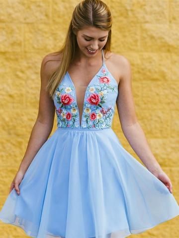 Cute A Line V Neck Criss Cross Back White Short Homecoming Dresses with Embroidery cg1767