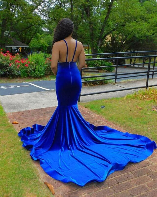 Royal Blue Velvet Mermaid Deep V Neck Backless Appliques Prom Dress   cg17670