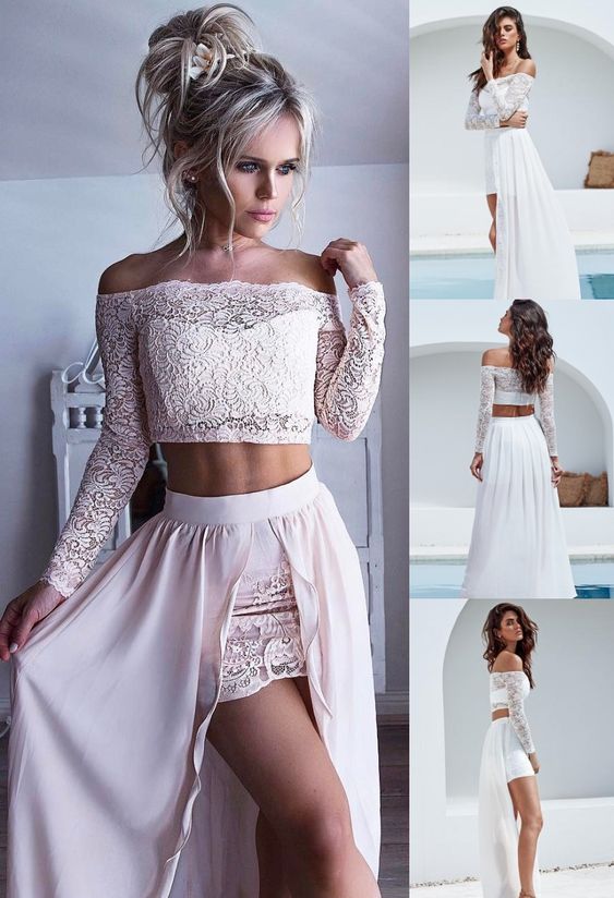 Two Piece Off-the-Shoulder Long Sleeves Pearl Pink Prom Dress with Lace    cg17676