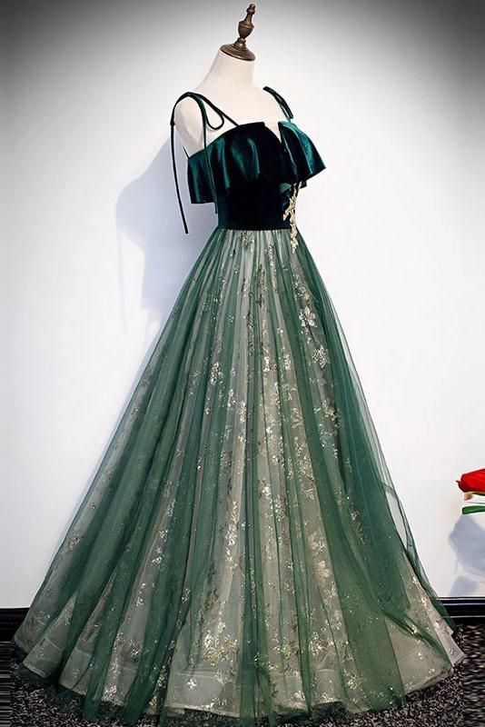 Spaghetti Straps Tulle Lace Green Prom Dress, Floor Length Lace Up Formal Dress   cg17695