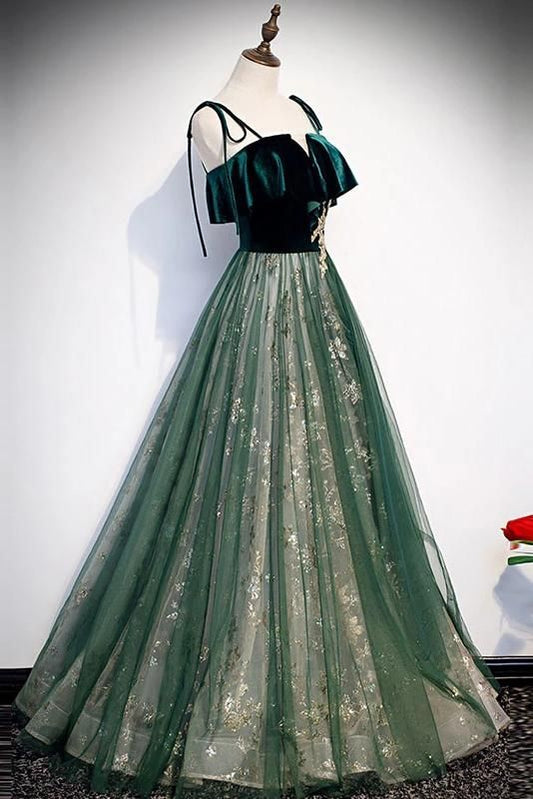 Spaghetti Straps Tulle Lace Green Prom Dress, Floor Length Lace Up Formal Dress   cg17695
