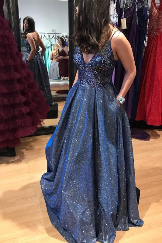 2021 A-line dark navy long prom dress formal dress with pockets    cg17707