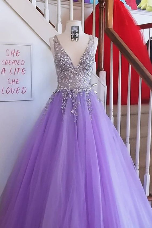 princess A-line purple tulle long prom dress with crystals, 2021 long prom dress   cg17708