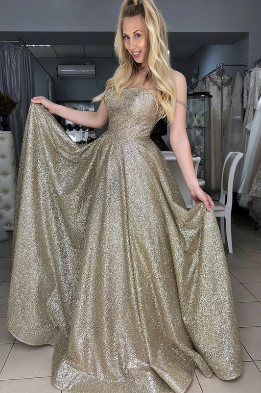 Gold sequins long prom dress A line evening dress   cg17716