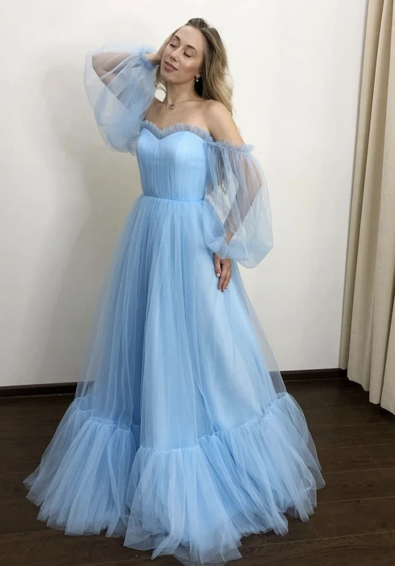 Blue tulle long prom dress A line evening dress    cg17717