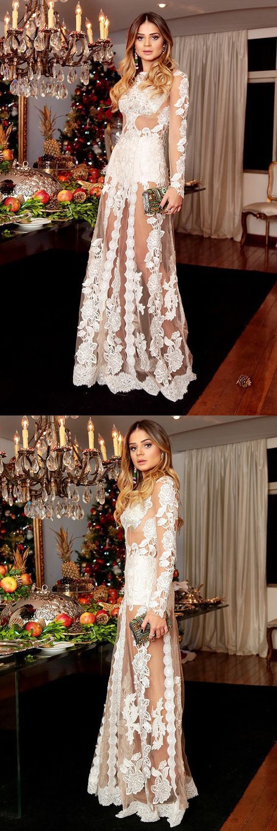 A-Line Bateau Long Sleeves Floor-Length White Tulle Prom Dress With Appliques   cg17726