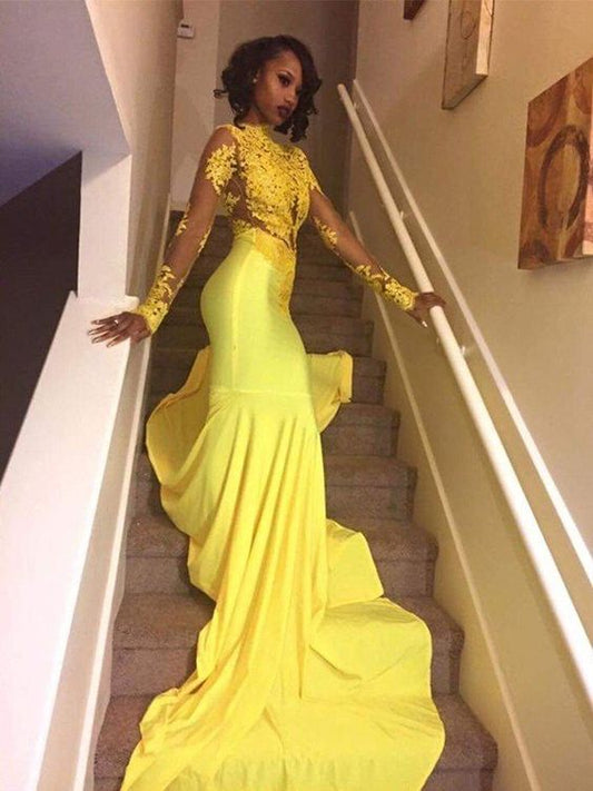 Trumpet/Mermaid High Neck Long Sleeves Sweep/Brush Train Applique Satin Dresses Long prom Dresses    cg17729