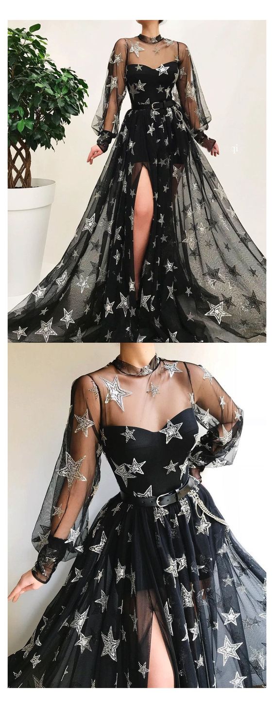 Black High Neck Long Prom Dress With Star Sparkly Long Sleeve Unique Prom Dress Evening Gowns      cg17732