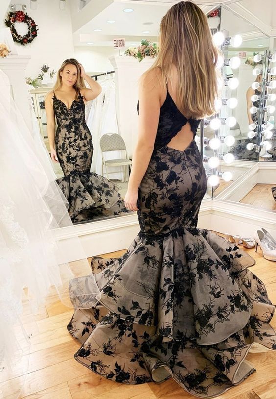 black lace long prom dress, mermaid evening dress   cg17733