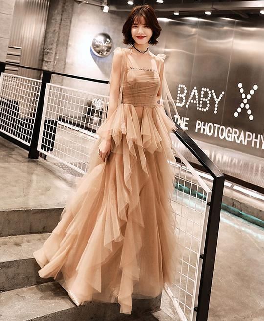 Unique Floor Length Tulle Prom Dress, A Line Sleeveless Evening Dresses   cg17748