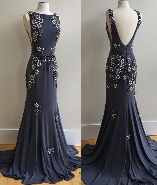 Unique Mermaid Bateau Open Back Dark Navy Long Prom Dress with Appliques    cg17749