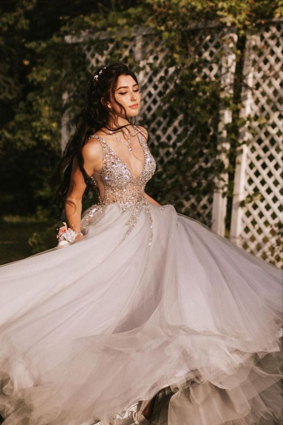 Princess A-line grey tulle long prom dress 2021   cg17757