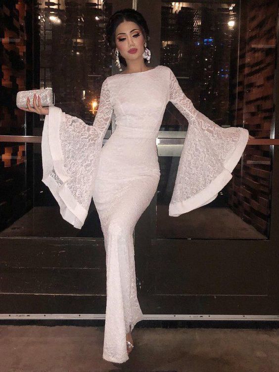 Flare Sleeve Lace Fitted White prom Evening Dress  cg1776