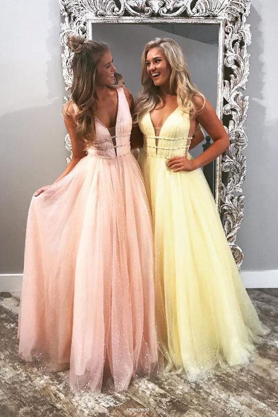 Shiny Long Prom Dress V Neck Tulle with Beading, Charm Formal Dress    cg17762