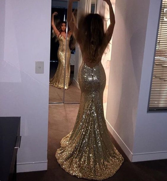 Gold Sequins Lace Mermaid Prom Dresses Sexy Open Back Evening Dress with Sweep Train   cg17766