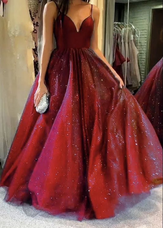 Burgundy v neck tulle long prom dress A line evening dress    cg17768