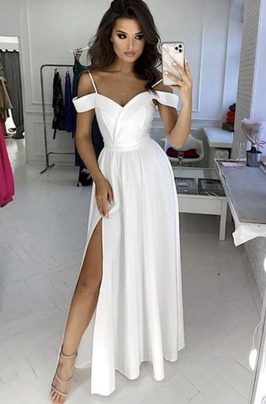 Simple white off shoulder satin long prom dress white evening dress   cg17771