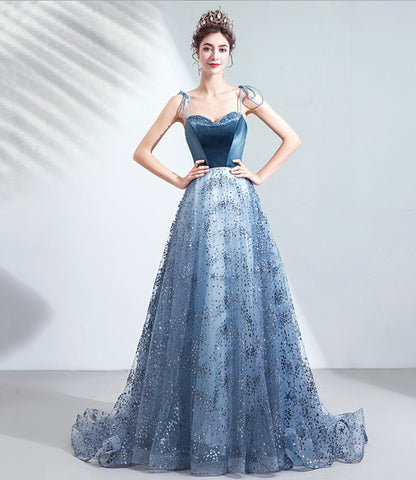 BLUE TULLE SEQUINS LONG PROM DRESS A LINE EVENING DRESS   cg17773