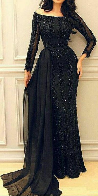 Black Tulle Ruffles Prom Dresses With Long Dresses Glitter Off the Sho ...