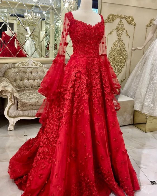 A-line red tulle and lace appliqued long plus size formal dress prom dress    cg17790