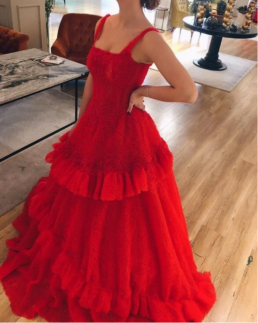 A-line red tulle and lace appliqued long plus size formal dress prom dress   cg17793