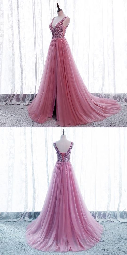 Beautiful pink prom dresses tulle split v neck formal gown with sequins beaded    cg17804