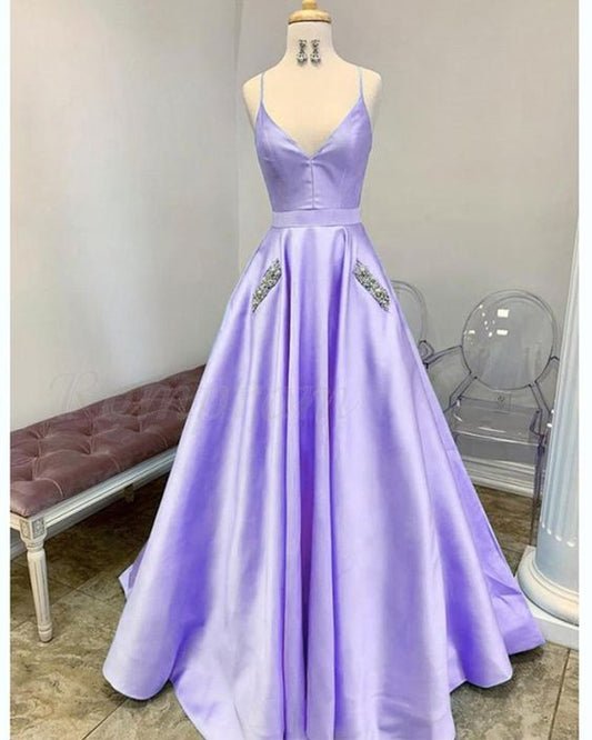 Beautiful Pocketed Lilac Cross Back Spaghetti Straps Long Senior Prom Dresses    cg17808