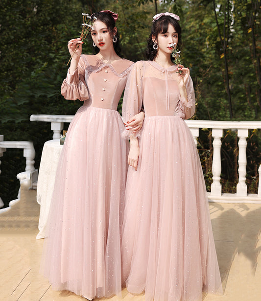 CUTE VELVET TULLE LONG PROM DRESS PINK EVENING DRESS    cg17810