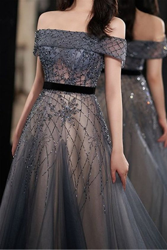 dark grey off the shoulder beaded tulle long formal dress prom dress   cg17814