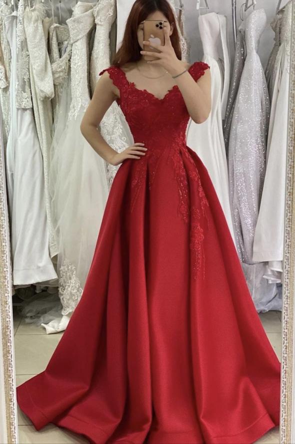 Red v neck lace long prom dress A line evening dress   cg17820