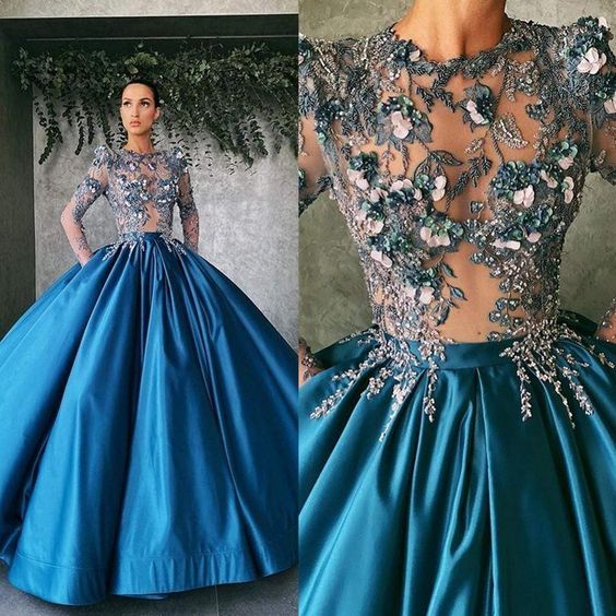 3D Flower Prom Dresses Illusion Jewel Neck Long Sleeve Lace Appliques Evening Gowns    cg17823