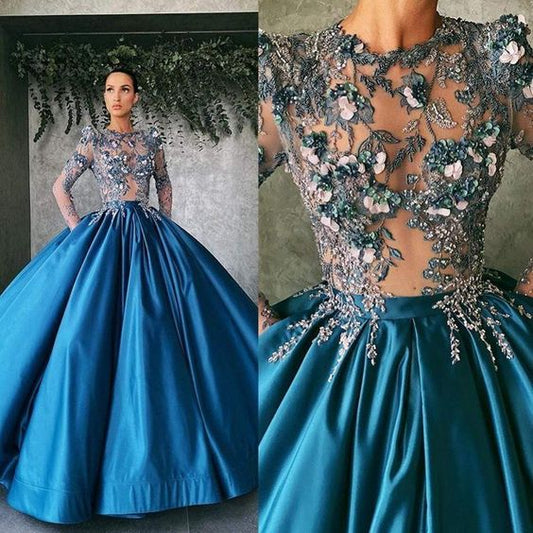 3D Flower Prom Dresses Illusion Jewel Neck Long Sleeve Lace Appliques Evening Gowns    cg17823