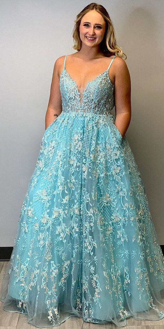 Luxury Lace Spaghetti Straps Blue Long Prom Dress with Pockets   cg17838