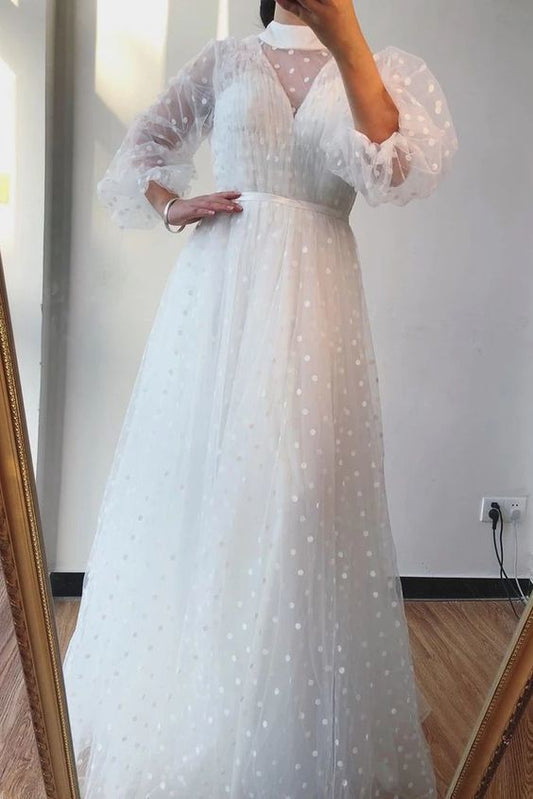 A-line High Neck Long Sleeves White Long Prom Dresses Formal Gowns    cg17839