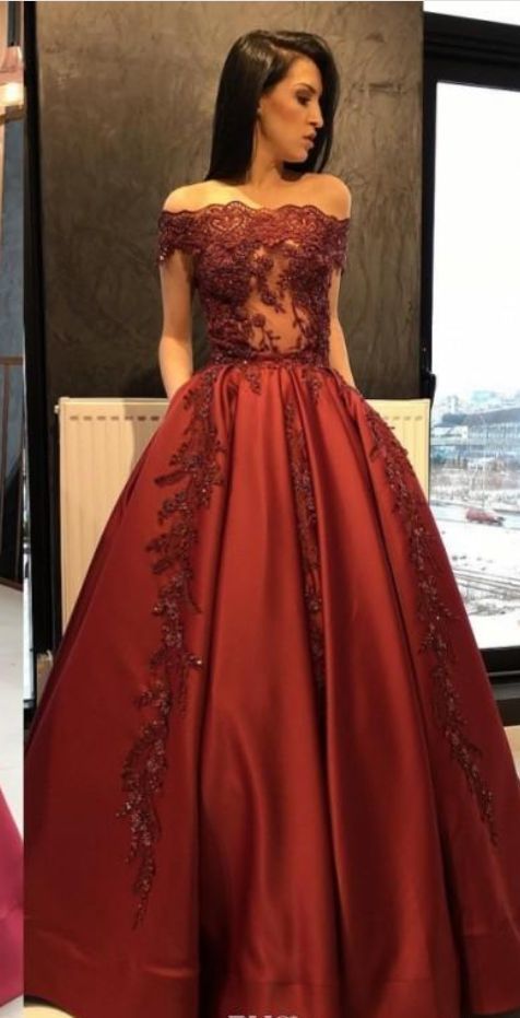 Dark Red Evening Gown Off The Shoulder Lace Prom Dress    cg17845