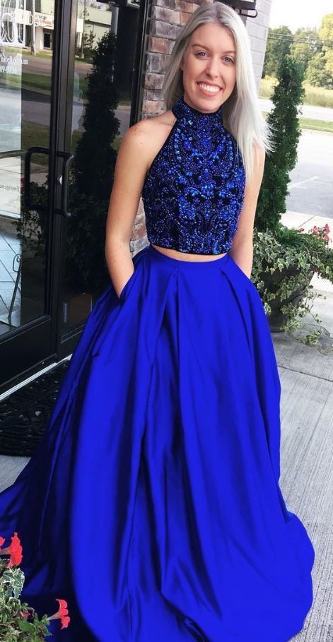 High Neck Crystal Beading Prom Dress, Dark Blue Long Prom Dress   cg17847