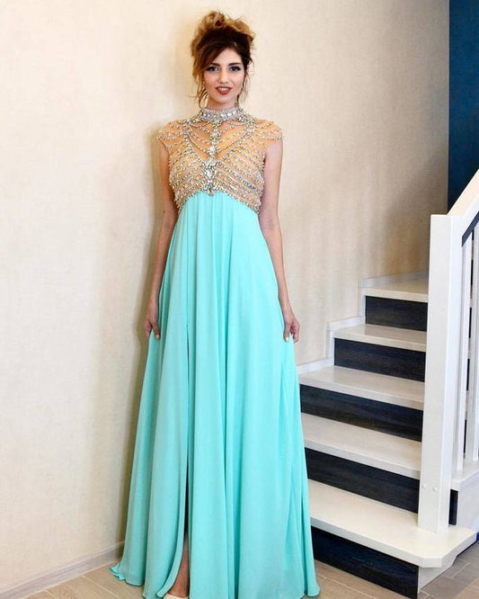 Luxurious High Neck Beaded Blue Long Formal Dress Long Prom Dress    cg17855