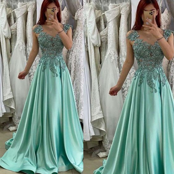 green prom dresses 2021 v neck lace appliques beading pearls satin sex ...