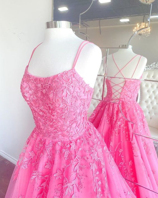 Hot Pink A-line Tulle and Lace Long Prom Dress   cg17862