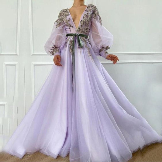 Sexy Evening Dress High V-Neck Appliques Beaded Long Sleeves A-Line Tulle Formal Dubai Arabic Prom Gown Party Dress   cg17869