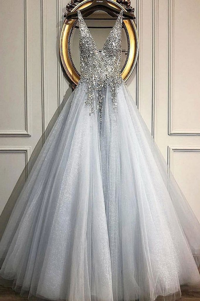 Gray v neck tulle beads long prom dress, evening dress cg1787