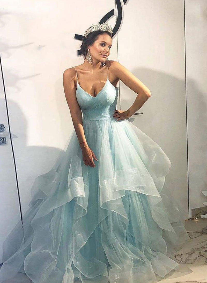 Blue v neck tulle long prom gown, blue evening dress cg1789