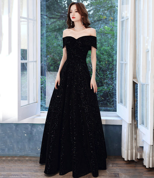 BLACK A LINE LONG PROM DRESS OFF SHOULDER EVENING DRESS    cg17899