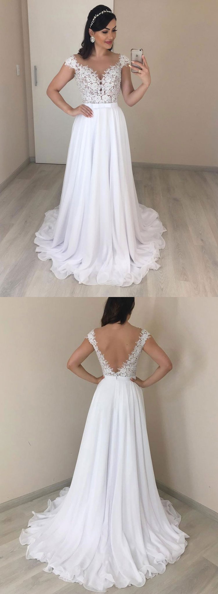 White chiffon lace long prom dress, white evening dress cg1790