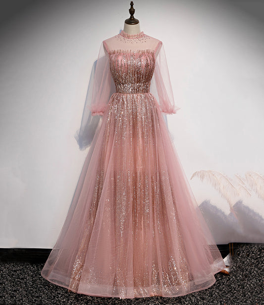 PINK TULLE SEQUINS LONG PROM DRESS PINK EVENING DRESS   cg17900