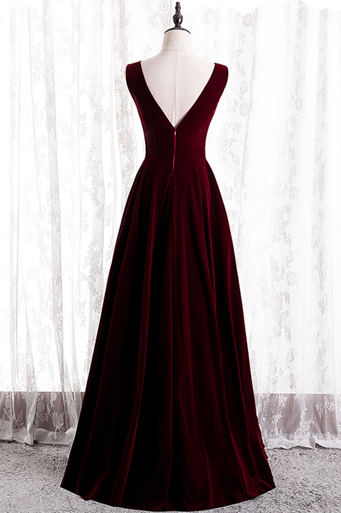 BURGUNDY V NECK LONG PROM DRESS A LINE VELVET EVENING DRESS    cg17907