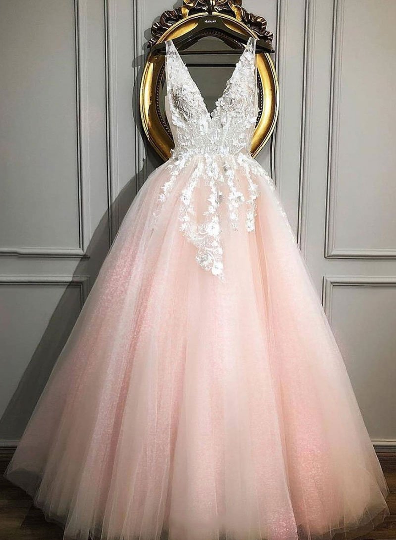 Pink v neck tulle lace long prom dress, pink evening dress cg1791